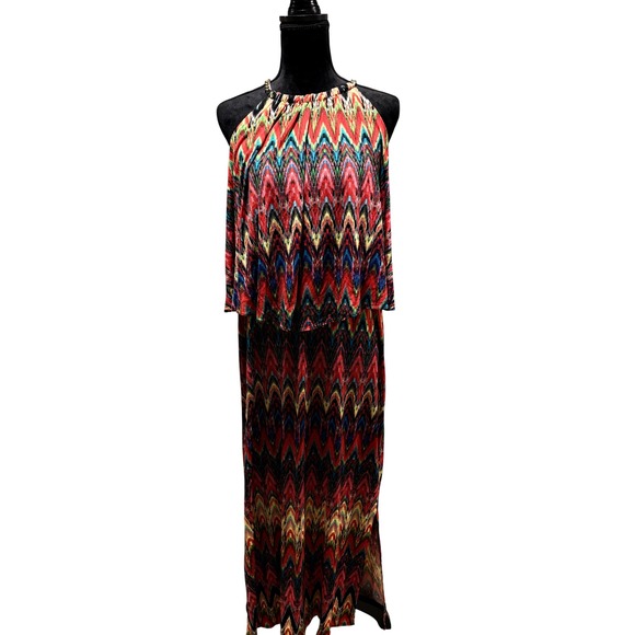 Cato Dresses & Skirts - Cato Womens Red Chevron Ikat Halter Maxi Dress Gold Chain Neck Tiered Size 16